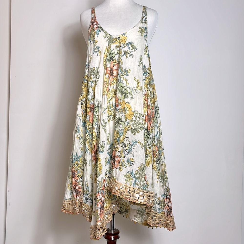 FREE PEOPLE Womens White Floral Print Sleeveless Tunic Dress with Sequins XS